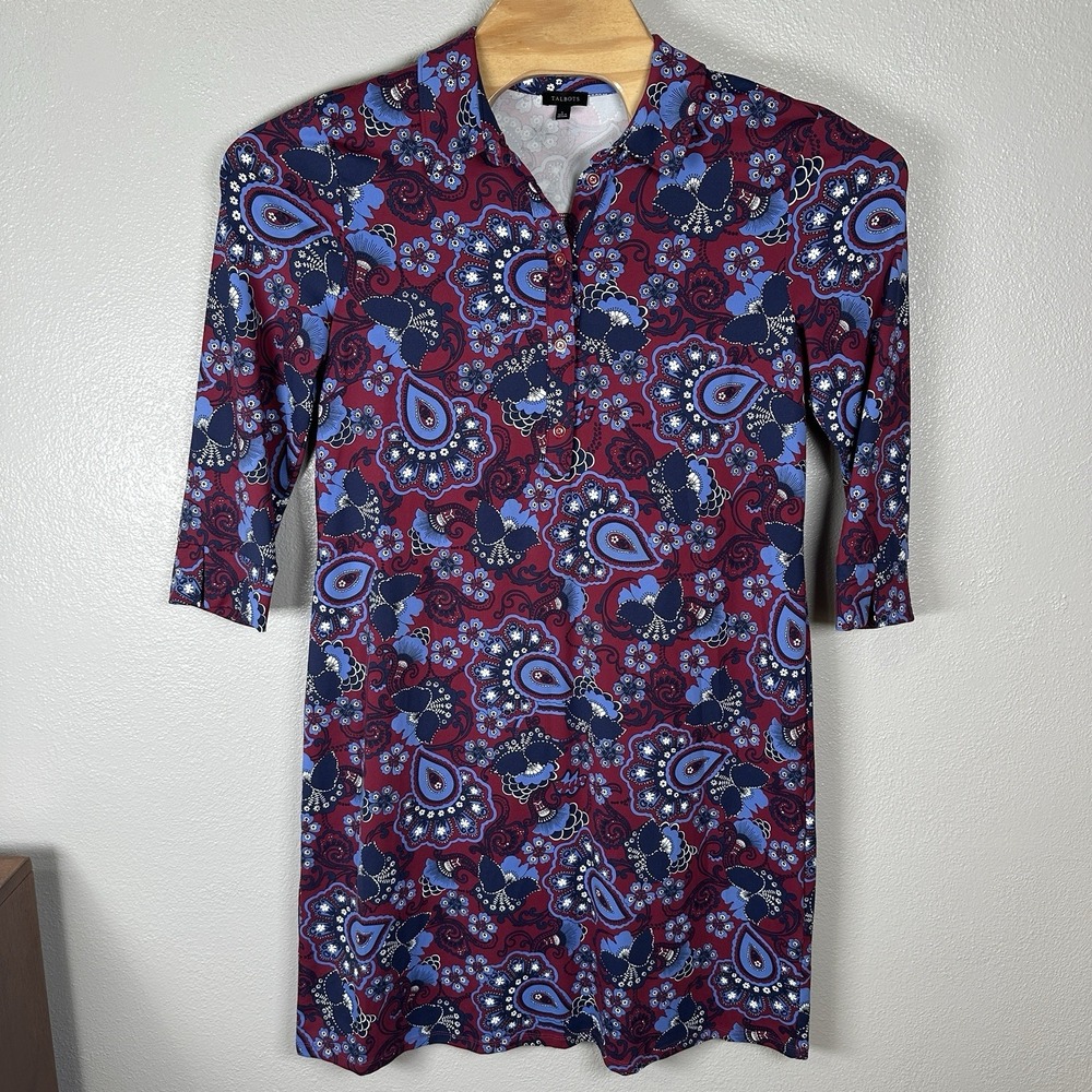 Talbots Nylon Spandex Popover Dress Womens Large Maroon Blue Floral Paisley